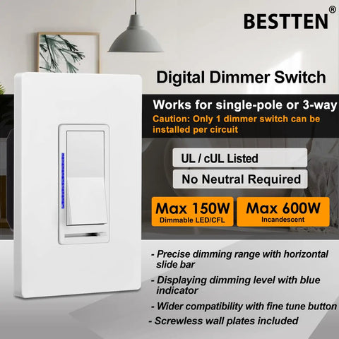 10 Pack Digital Dimmer Switch With LED Indicator For Dimmable LED, CFL, Incandescent And Halogen Bulbs, Single Pole Or 3 Way, Screwless Wall Plate Included, UL Listed, White, product packaging with features listed.