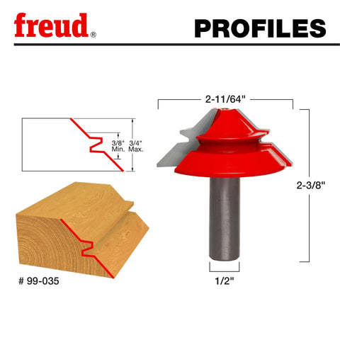 Lock Miter Bit With Two Cutters, 45 Degree Angle, 2 11/64 Inch Diameter, showing dimensions and interlock joint detail.