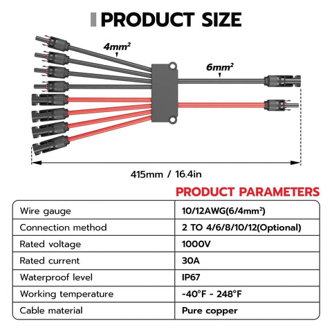 Solar Y Branch Connectors Set For 2 To 8 Panels with size and parameters table, showing IP67, 30A, 1000V specifications.