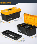 16 Inch Tool Box With Trays Lockable Metal Latch Portable Organizer For Tools And Small Or Mid Sized Parts Weather Resistant Durable Storage Case For Garage Or Workshop Use