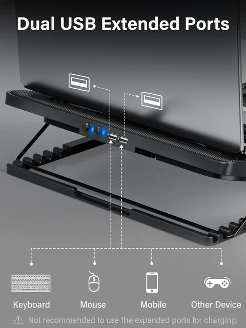 Whisper Quiet Laptop Cooling Pad With Five Fans For 12 To 17 Inch Laptops And Notebooks Beastly Cool Gaming Cooler With height adjustable stand, dual USB ports illustration.