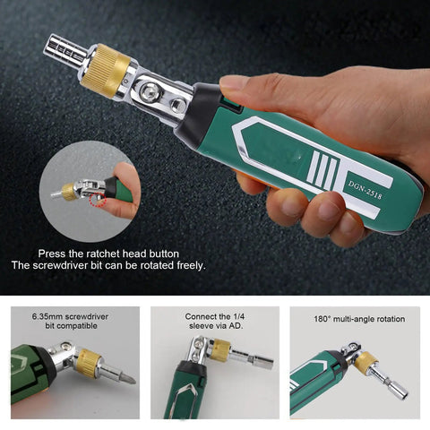 Ultimate 14 In 1 Ratchet Set With Adjustable 0 To 180 Degrees Angle For Tight Spots, Heavy Duty Screw Drill Bit Kit Includes 9 Bits Plus 5 Sockets For Home Repair Auto Maintenance Jobs The Total Fixer Upper That Gets It Done Right. 180° ratchet screwdriver, CRV alloy, 6.35mm bit compatible