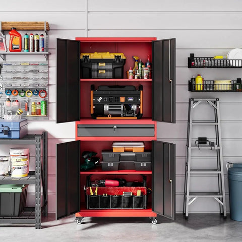 Beefy Metal Garage Storage Cabinet On Wheels With Rolling Tool Cabinet Adjustable Shelves And Drawer For Garage Home Office Or Utility Room Red Finish