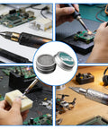 Pro Grade Soldering Iron Tip Tinner Paste for home and workshop use, showcasing clean and restored tips with electronics repair items.