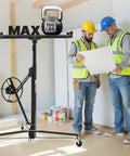 VEVOR 11ft Drywall Lift Heavy Duty 150 Lbs Sheetrock Hoist with adjustable arm used by two workers reviewing plans.