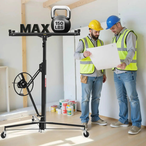 VEVOR 11ft Drywall Lift Heavy Duty 150 Lbs Sheetrock Hoist with adjustable arm used by two workers reviewing plans.