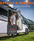 Man carrying 200W Foldable Solar Panel For Off Grid Power Stations Jackery Bluetti Anker with RV in background