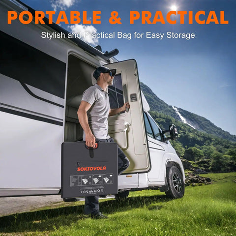 Man carrying 200W Foldable Solar Panel For Off Grid Power Stations Jackery Bluetti Anker with RV in background