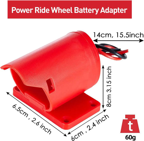 Power Ride Wheel Adapter for 12V Battery, red heavy duty 12 gauge power connector with dimensions and weight.