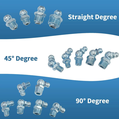 All In One 240 Piece Grease Fittings Kit With 120 Metric And 120 SAE Fittings in straight, 45° and 90° angles