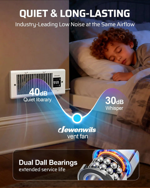 Child sleeping next to dual fan register booster for hard to reach spaces, 4 inch by 10 inch vent installed on wall