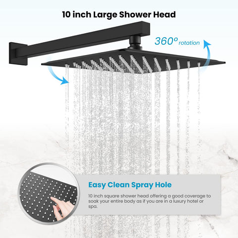 Rainfall Shower System 10 Inch Wall Mounted Matte Black High Pressure Square Shower Head And Pressure Balance Handheld Head With Female Thread Top Notch Luxury Bathroom Rain Mixer Shower Combo showing 360-degree rotation