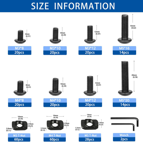 Beefy 296 Piece M3 M4 M5 T Nuts And Screws Set For Aluminum Extrusion Hardware Must Have Including 60 M3 T Nuts 60 M4 T Nuts 28 M5 T Nuts Plus M3 M4 M5 Screws In 8mm 10mm 12mm 16mm And 20mm Lengths, size chart