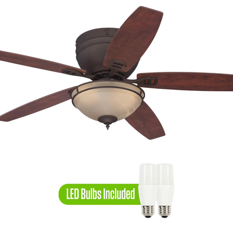 Quiet Indoor 52 Inch Ceiling Fan With LED Light Kit Reversible Blades In Applewood And Cherry Amber Alabaster Glass Bowl