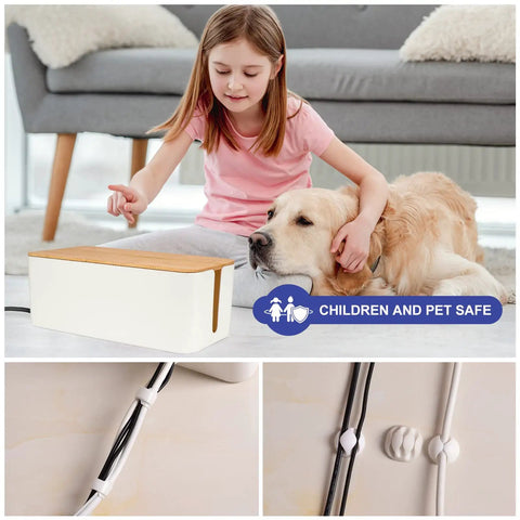 Wooden Style Large Desk Cable Box To Hide Wires And Power Strips, showing sitting child with dog, emphasizing kid safety feature.