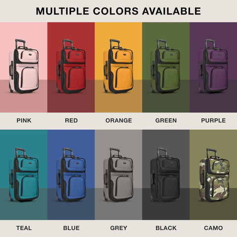 Ten U.S. Traveler Rio lightweight softside rolling carry-on suitcases, 2-wheel sets, front view in assorted colors.