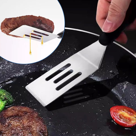 Amazon two-piece stainless steel kitchen spatula set, front view with slotted blades.