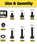 M4 Screws Kit 365 Pieces Socket Head Cap Screws Set With Higher Screw Ratio For Real Use Pro Grade 12.9 Alloy Steel Black Zinc Plated M4 Bolts Size and Quantity Chart