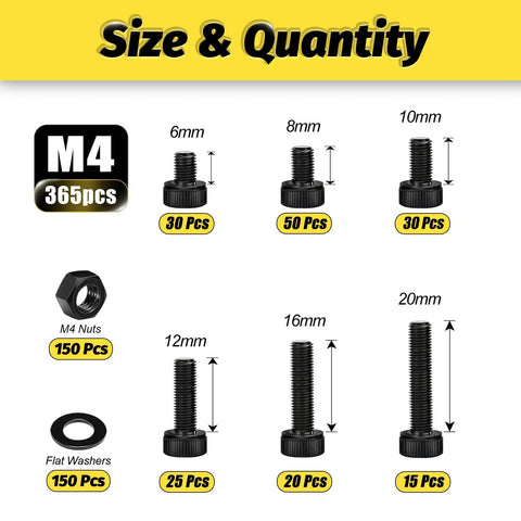 M4 Screws Kit 365 Pieces Socket Head Cap Screws Set With Higher Screw Ratio For Real Use Pro Grade 12.9 Alloy Steel Black Zinc Plated M4 Bolts Size and Quantity Chart