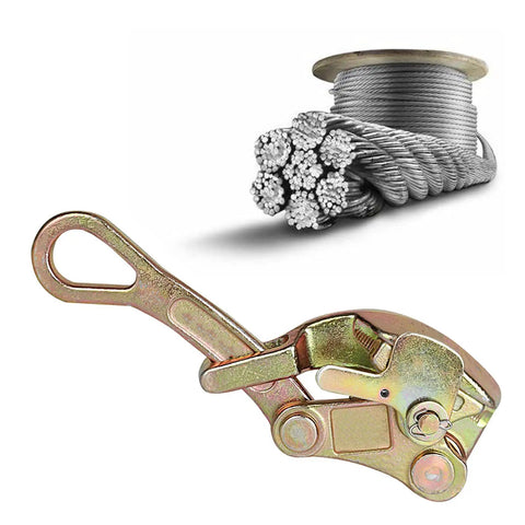 Heavy Duty Cable Grip And Steel Wire Puller Featuring Rock Solid Carbon Steel Jaw with a coil of wire rope