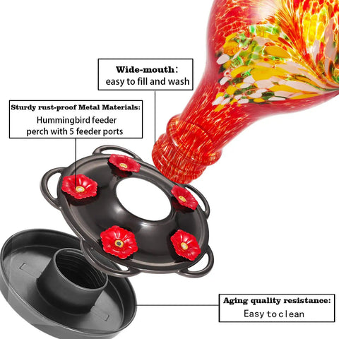 Hand Blown Glass Hummingbird Feeder With Ant Moat, 36 Fluid Ounces, Five Feeding Stations, Bold Red Color, disassembled view