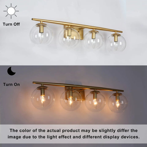 Gold Vanity Light Fixture For Bathroom Over Mirror With Four Lights, Clear Globe Glass Shades, Slim Taper Arm, Modern Glam Bath Lighting