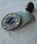 Close-up of Koshirae Style Samurai Sword with Alloy Tsuba in black and gold morning glory pattern, display piece for collectors.