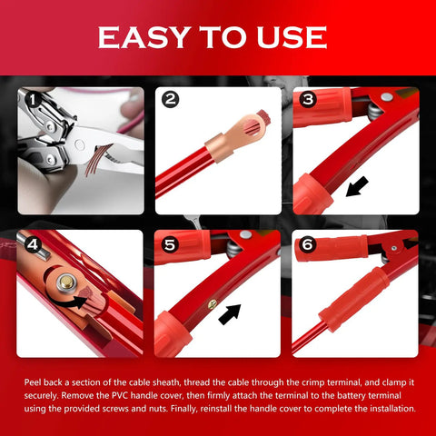 Step-by-step guide for Beast Grade Four Piece Alligator Clamps For 12 Volt Rides Handling Up To 1000 Amps with crimp terminal.