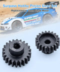 5Mm Bore Pinion Gear Set For RC Cars 1 By 10 And 1 By 8 - 18T 19T 20T 21T 22T Metal Motor Gears in front of RC car