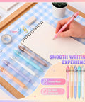 Dope 24 Pack Fidget Spinner Gel Pens With 0.5mm Black Ink For Adults shown being used on a notepad with other pens displayed