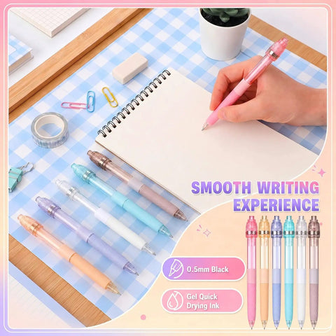 Dope 24 Pack Fidget Spinner Gel Pens With 0.5mm Black Ink For Adults shown being used on a notepad with other pens displayed