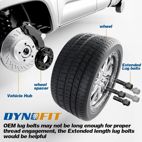 Extended Lug bolts for aftermarket wheels with spacers, M12x1.5 thread, shown with wheel and vehicle hub.