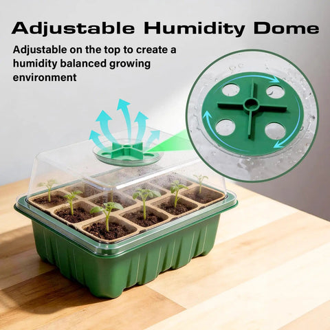 Seed Starter Tray Kit 10 Pack With Humidity Domes 120 Cells Total Germination Trays showing adjustable humidity dome.