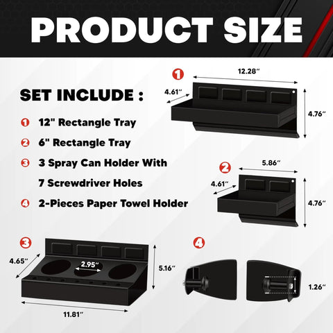 Product size chart of Magnetic Toolbox Tray Organizer Set 4 Piece With Shelves And Holders For Cabinet Side Shelf Storage Van Workshop