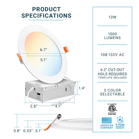 6 Inch Dimmable LED Recessed Ceiling Light With Junction Box Ultra Thin Canless Wafer Slim Panel Downlight 5 Color Temperature Selectable 2700K 3000K 3500K 4000K 5000K 12W IC Rated ETL Easy Install For New Construction