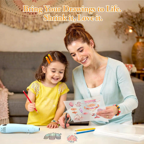 Mother and child using Super Slick Printable Shrink Plastic Sheets A4 Size 20 Pack to create art projects at home.