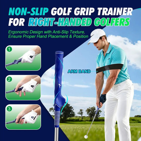 Retractable Golf Swing Trainer With Click Feedback For Right Handed Players, Tempo Stick Golf Practice Aid To Improve Tempo Strength And Swing Consistency With Arm Band, Great For Beginners, Indoor And Outdoor Use, shown in use by a golfer with arm band.