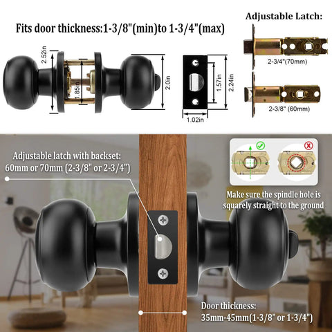 12 Pack Matte Black Privacy Door Knobs With Hardware For Bedroom And Bath, Keyless Lockset, Easy Install, Durable Build, Adjustable Backset Fits Two And Three Eighths Inches Or Two And Three Quarters Inches, Includes Strikes And Screws installation guide