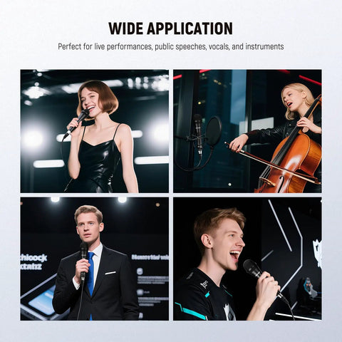 NW-040 Cardioid Dynamic Microphone with users singing, playing cello, public speaking, and streaming in various settings