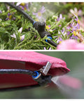 Close-up of 32 Foot Outdoor Misting Kit with rustproof nozzles in garden. Features preassembled seven head mister system.
