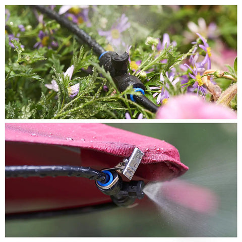 Close-up of 32 Foot Outdoor Misting Kit with rustproof nozzles in garden. Features preassembled seven head mister system.