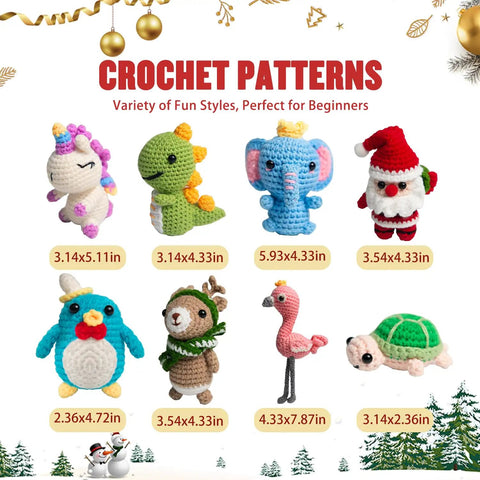 Colorful animal figures from 8 Piece Beginner Crochet Starter Kit With 40 Percent Extra Yarn For Cute Animal Crochet Kits.