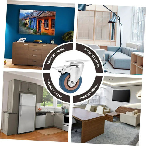 Four Piece Heavy Duty Swivel Caster Wheel Set With Threaded Stem And Retractable Furniture Rollers in various room setups.