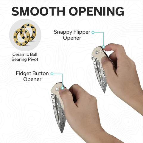 Indie Folding Pocket Knife With 3.48 Inch Damascus Blade Flipper Action Ultra Grippy CNC Milled Handle For A Secure Non Slip Grip Everyday Carry EDC For Men Who Demand Sharp Performance, open