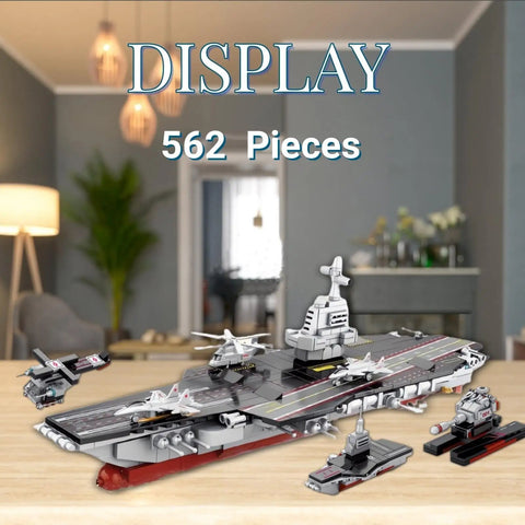 8 In 1 WW2 Aircraft Carrier Building Set With Helicopter And Boat Epic Naval Battleship Toy displayed on table