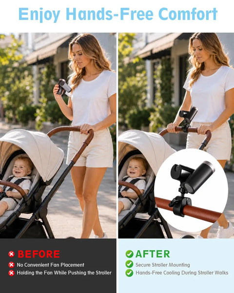 Top Shelf Adjustable Fan Clamp Attachment For Shark ChillPill 3 In 1 Cooling Fan securely mounted on stroller handle.