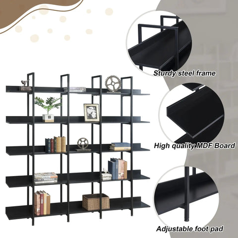 Five Tier Industrial Bookshelf With Extra Wide Open Shelves MDF Panels Heavy Duty Steel Frame Anti Tip Kit Adjustable Feet