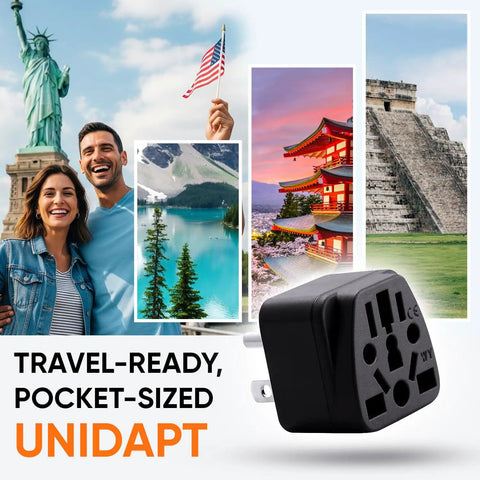 Global Travel Plug Adapter To USA Type B Grounded 3 Prong Wall Plug Converter From EU AU UK NZ CN With images of landmarks.
