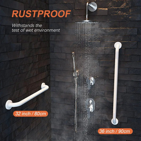 Two Pack 36 Inch White Shower Grab Bars With Anti Slip Knurled Grip Sturdy Stainless Steel Wall Mount Bathroom Safety Handrail for Handicap Elderly and Senior Support Textured Grab Bar installed in shower