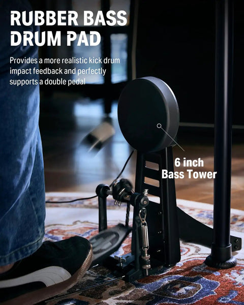 DED 200 MAX Electronic Drum Set rubber bass drum pad with 6-inch bass tower and double pedal demonstration for realistic feedback